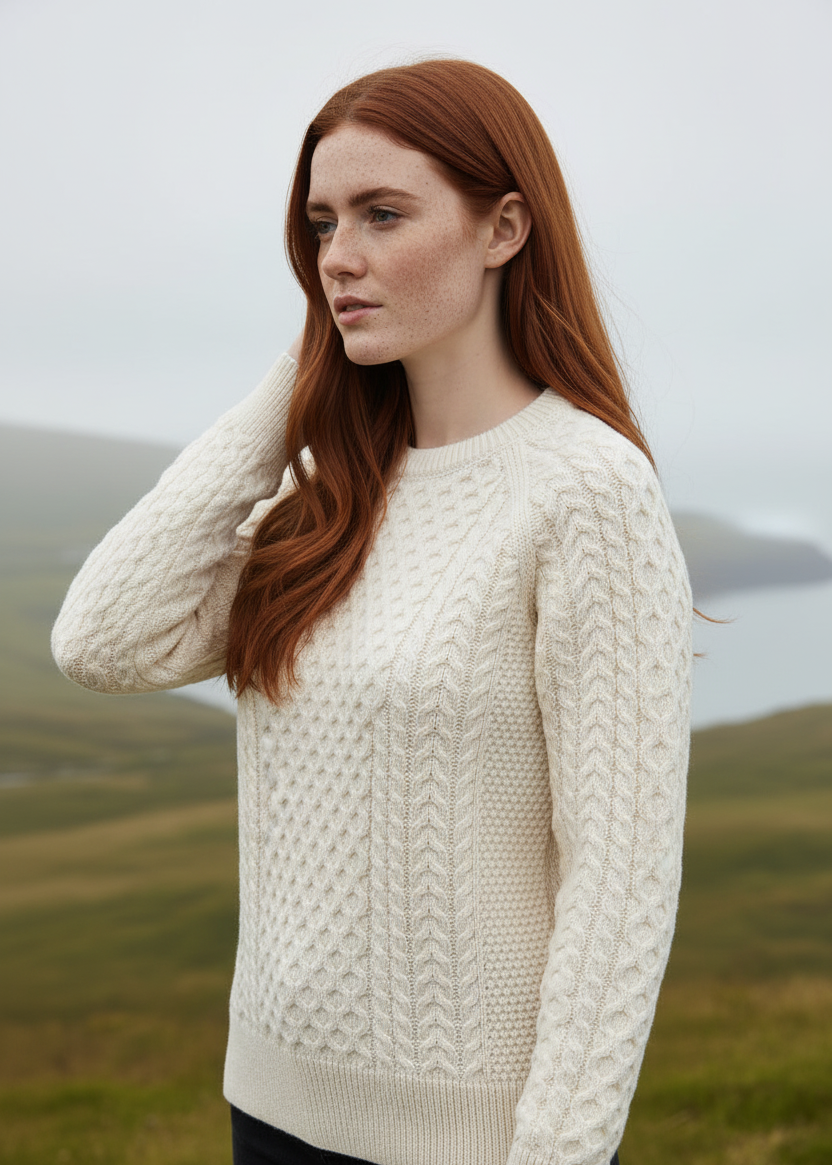 Ladies Slim-Fit Aran Sweater | Premium Merino Wool | Natural