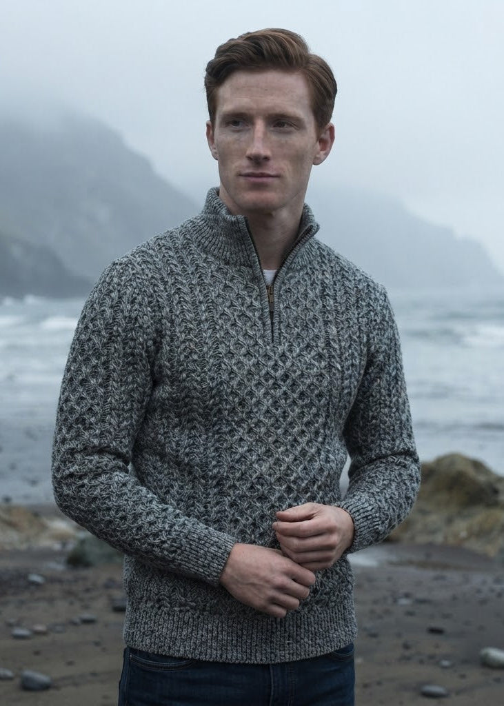 Aran Cable Knit Half Zip Sweater - 100% Merino Wool | Slate