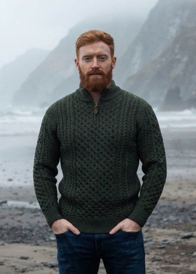 Aran Cable Knit Half Zip Sweater | 100% Merino Wool | Green