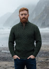 Aran Cable Knit Half Zip Sweater | 100% Merino Wool | Green