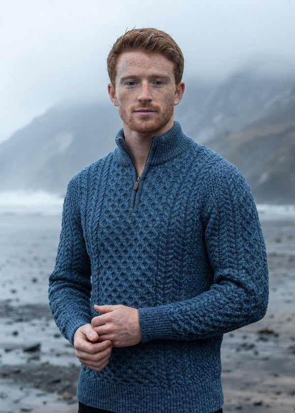Aran Merino Wool Half Zip Sweater | Denim