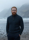 Men's Aran Half Zip Sweater - Blackwatch Navy Green | 100% Merino Wool