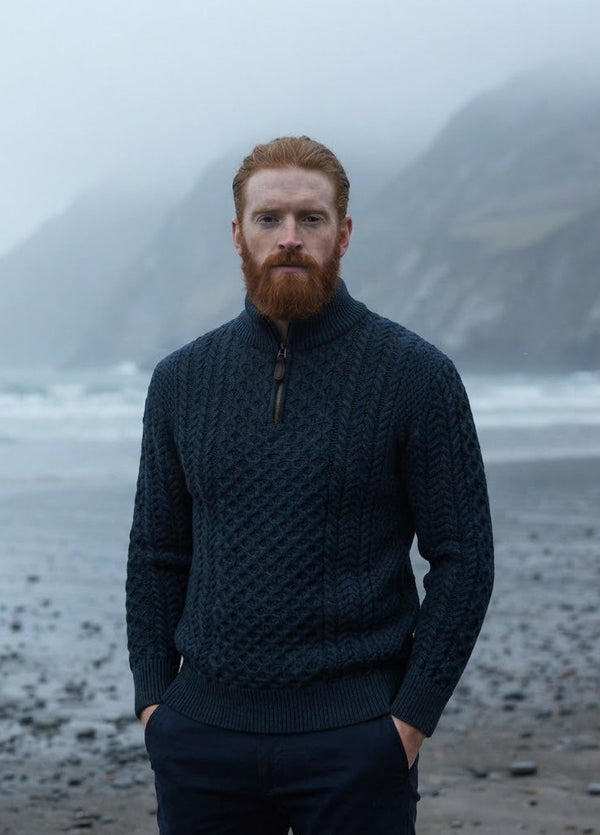 Men's Aran Half Zip Sweater - Blackwatch Navy Green | 100% Merino Wool