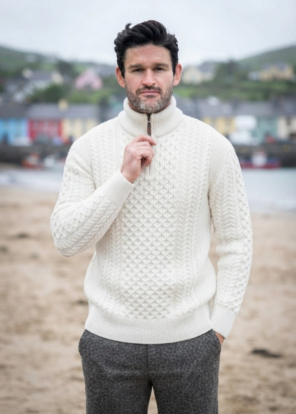 Men's Aran Half Zip Sweater - Natural