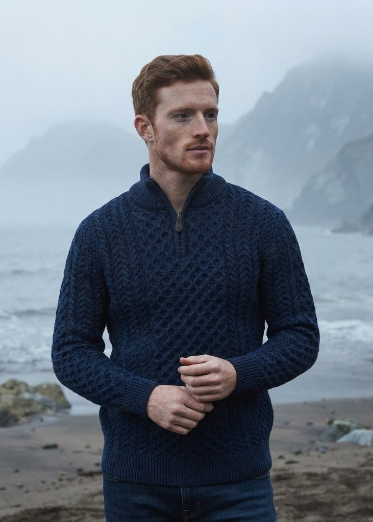 Men's Merino Wool Aran Half Zip Sweater | Deep Water Blue