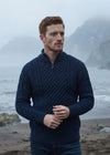 Men's Merino Wool Aran Half Zip Sweater | Deep Water Blue