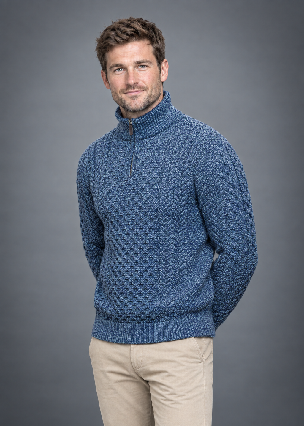 Aran Merino Wool Half Zip Sweater | Denim