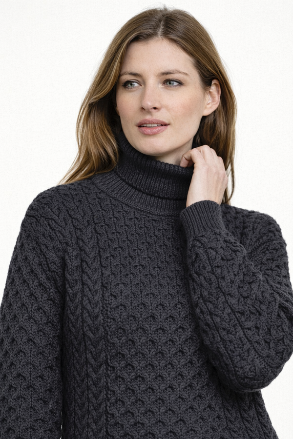 Aran Merino Polo Neck Sweater | Charcoal | Unisex | 100% Merino Wool