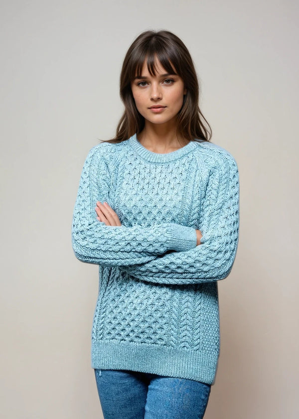 Ladies Slim-Fit Aran Sweater | Aqua