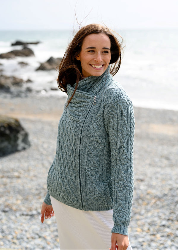 Aran Bikers Claddagh Side Zip Cardigan | Aqua