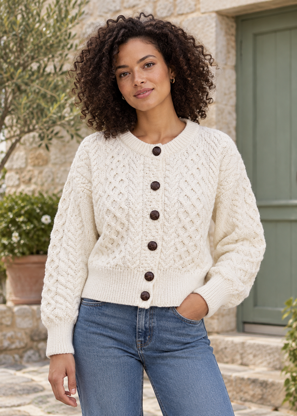 Ladies Merino Cropped Classic Aran Cardigan | White
