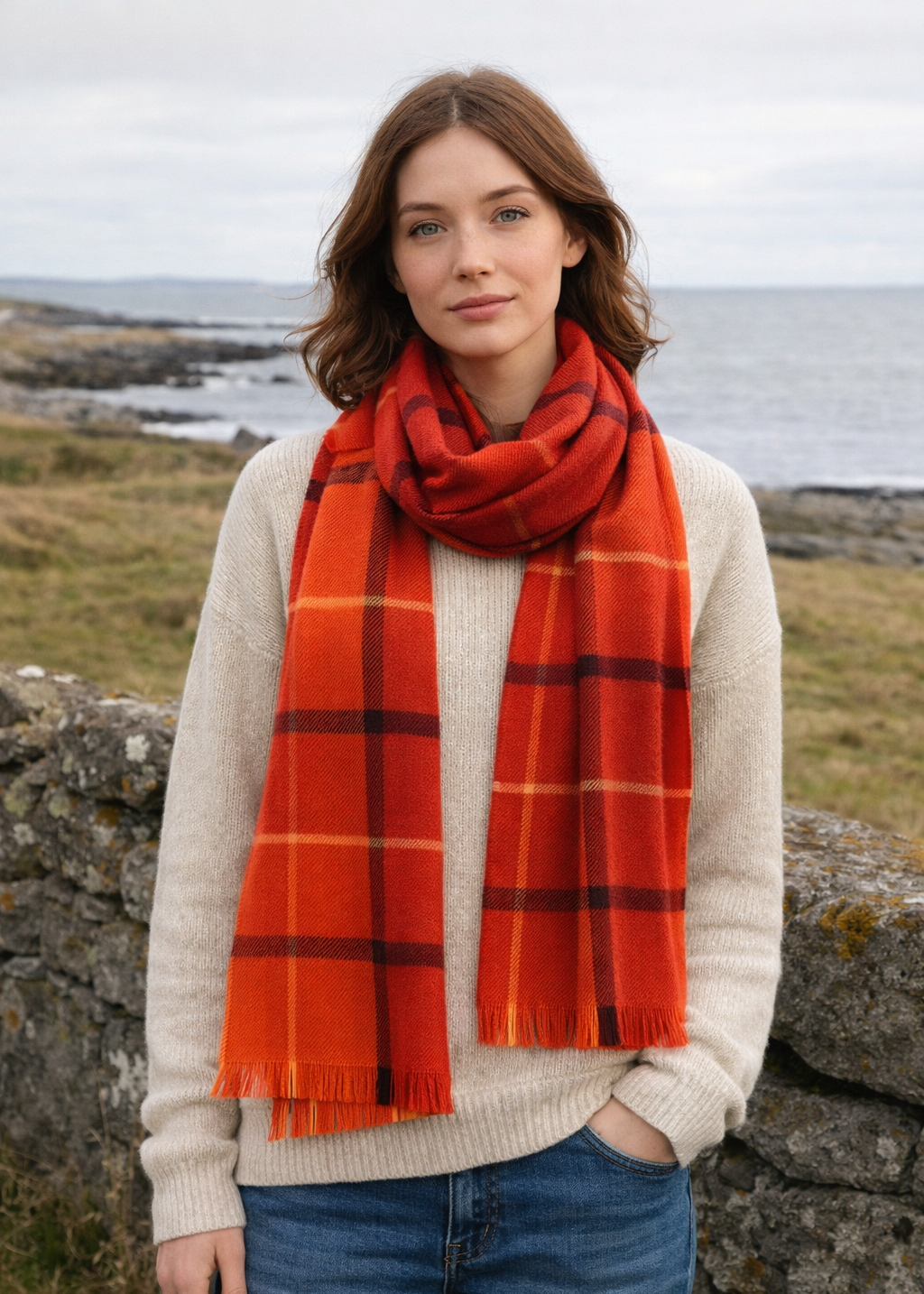 Foxford Giant Merino Scarf | Orange Rust Check