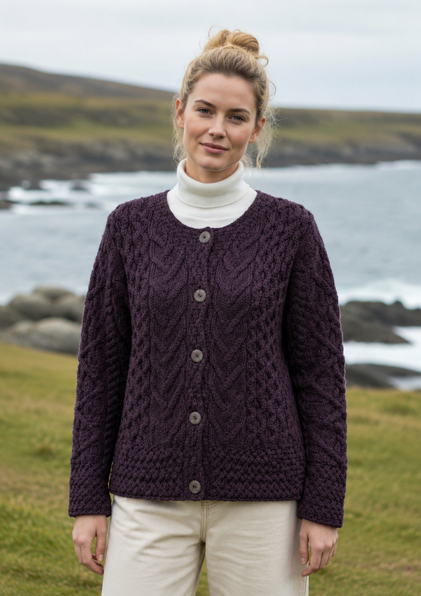 Women's Aran Cable Knit Cardigan | Velvet Plum - Clearance