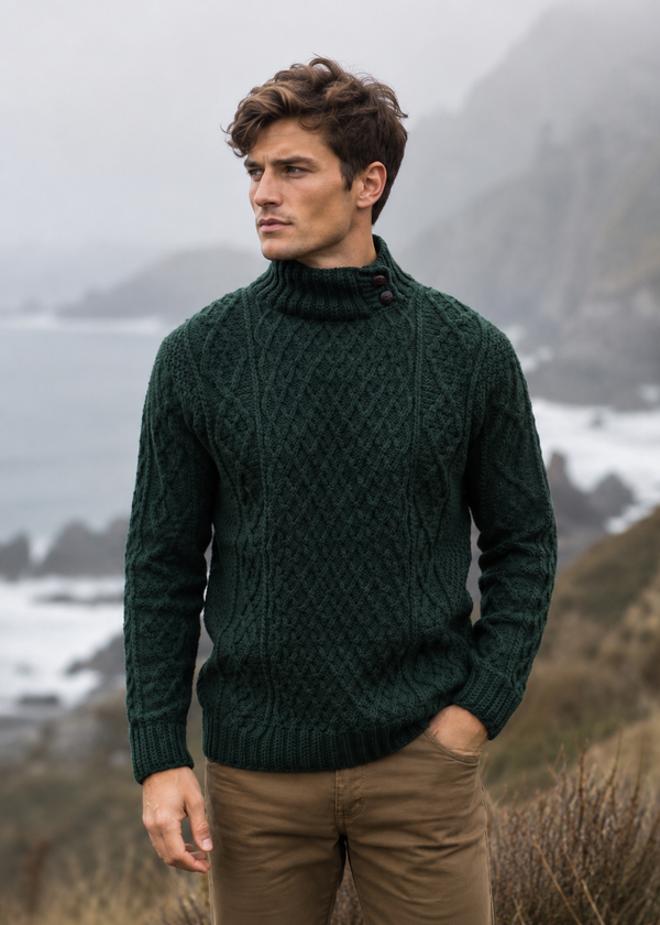 Men's Aran Merino Wool Button Collar Sweater | Green
