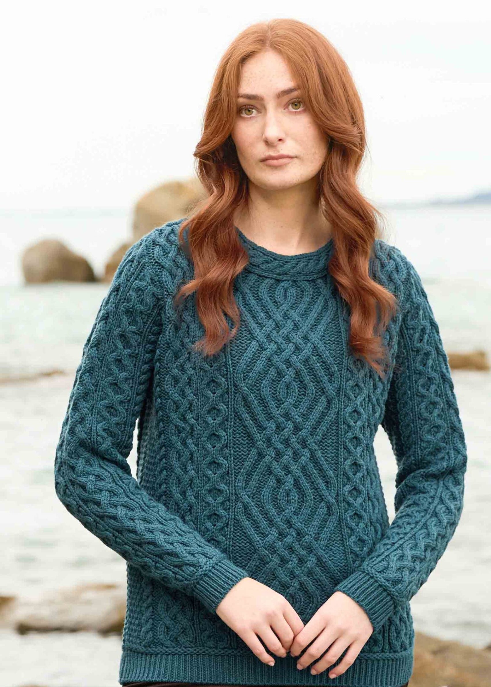 Aran Cable Knit Merino Wool Sweater - Bermuda Blue | Irish Crafted
