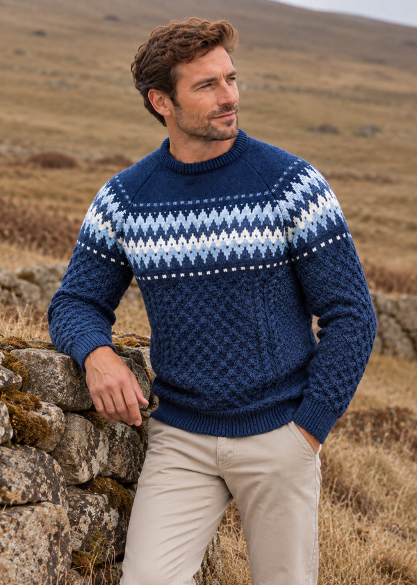 Aran Merino Crew Neck Fair isle Sweater - Denim