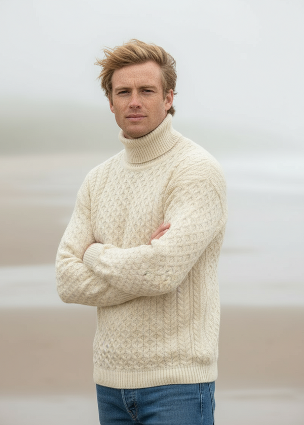 Aran Merino Polo Neck Sweater | Natural