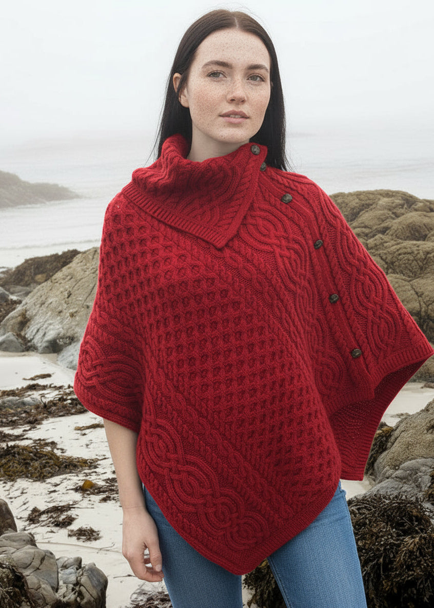 Aran Tipperary Cowl Neck Poncho | Red