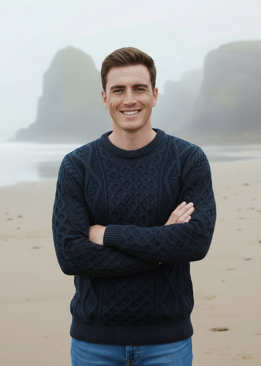 Aran Wool Sweater | Navy Green Mix