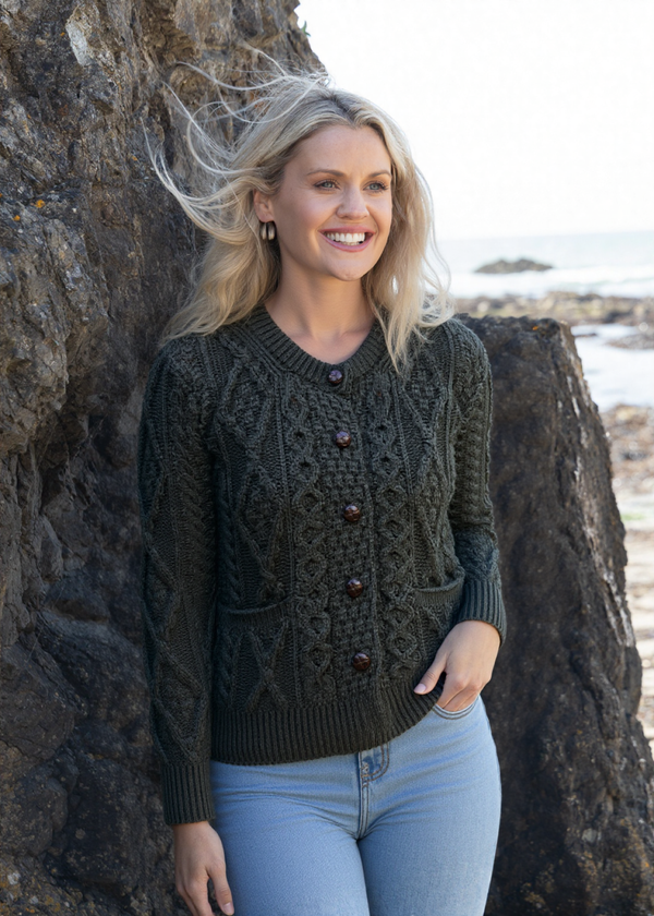 Ladies Aran Cardigan | Army Green