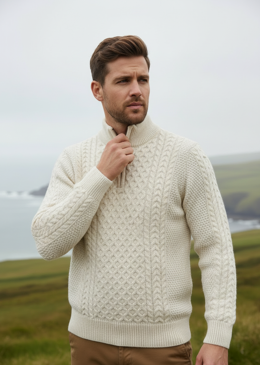 New Pose 2 - Men's Aran Half Zip Sweater - Natural Cream | 100% Merino Wool | Irish Cable Knit