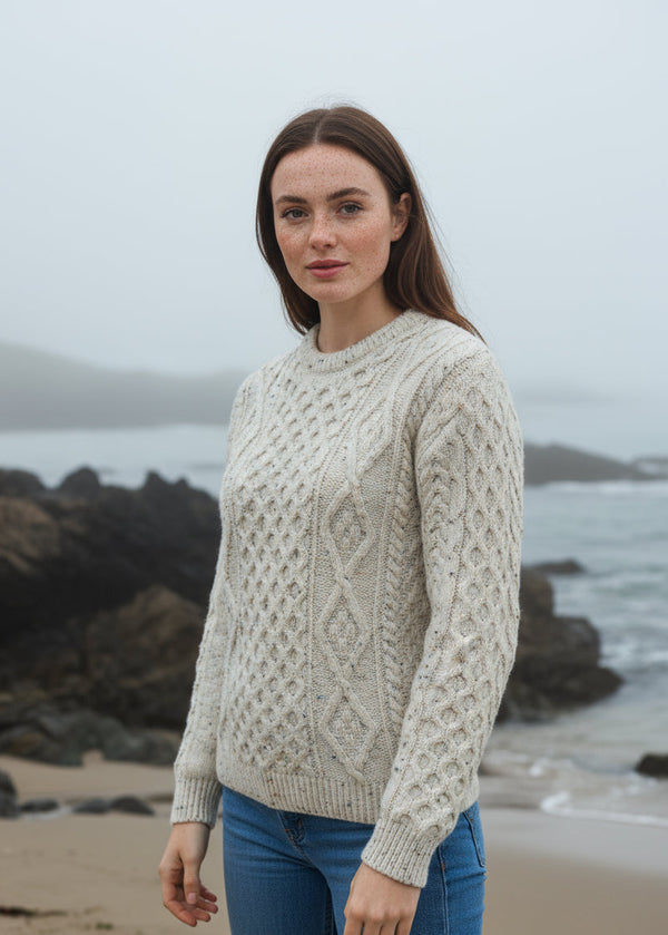 Unisex Aran Wool Sweater | Flecked Cream