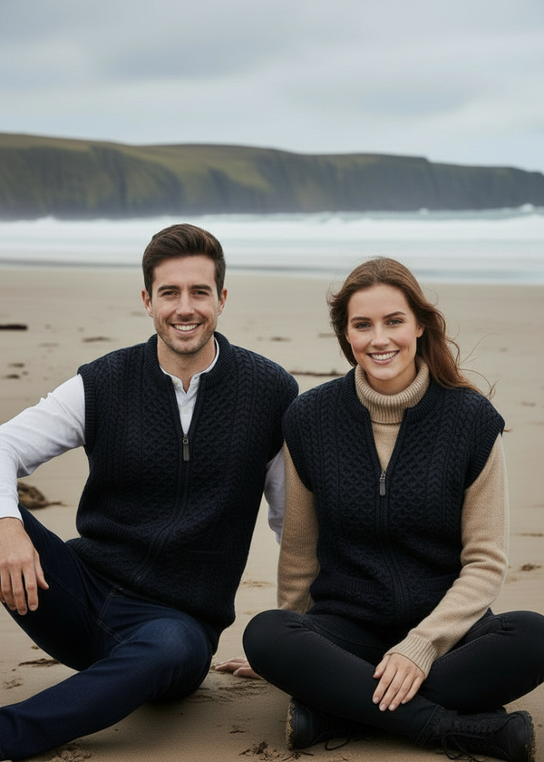 Aran Zip Sleeveless Cardigan | Navy Green Mix 