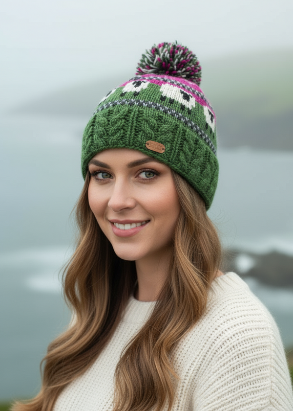 Erin Aran Sheep Bobble Hat Pink and Dark Green