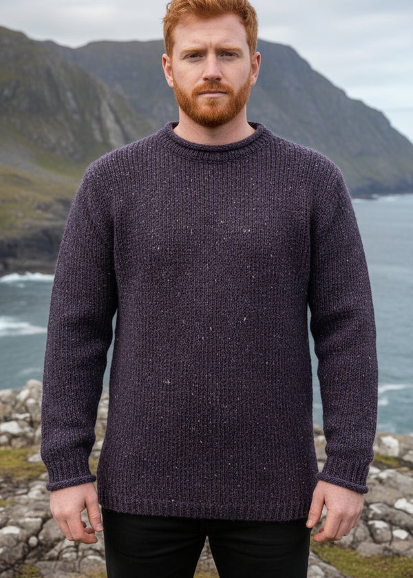 Roll Neck Merino Wool Fisherman Sweater | Purple Fleck