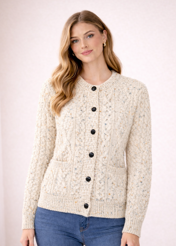 Ladies Aran Cardigan in Flecked Cream | 100% Wool