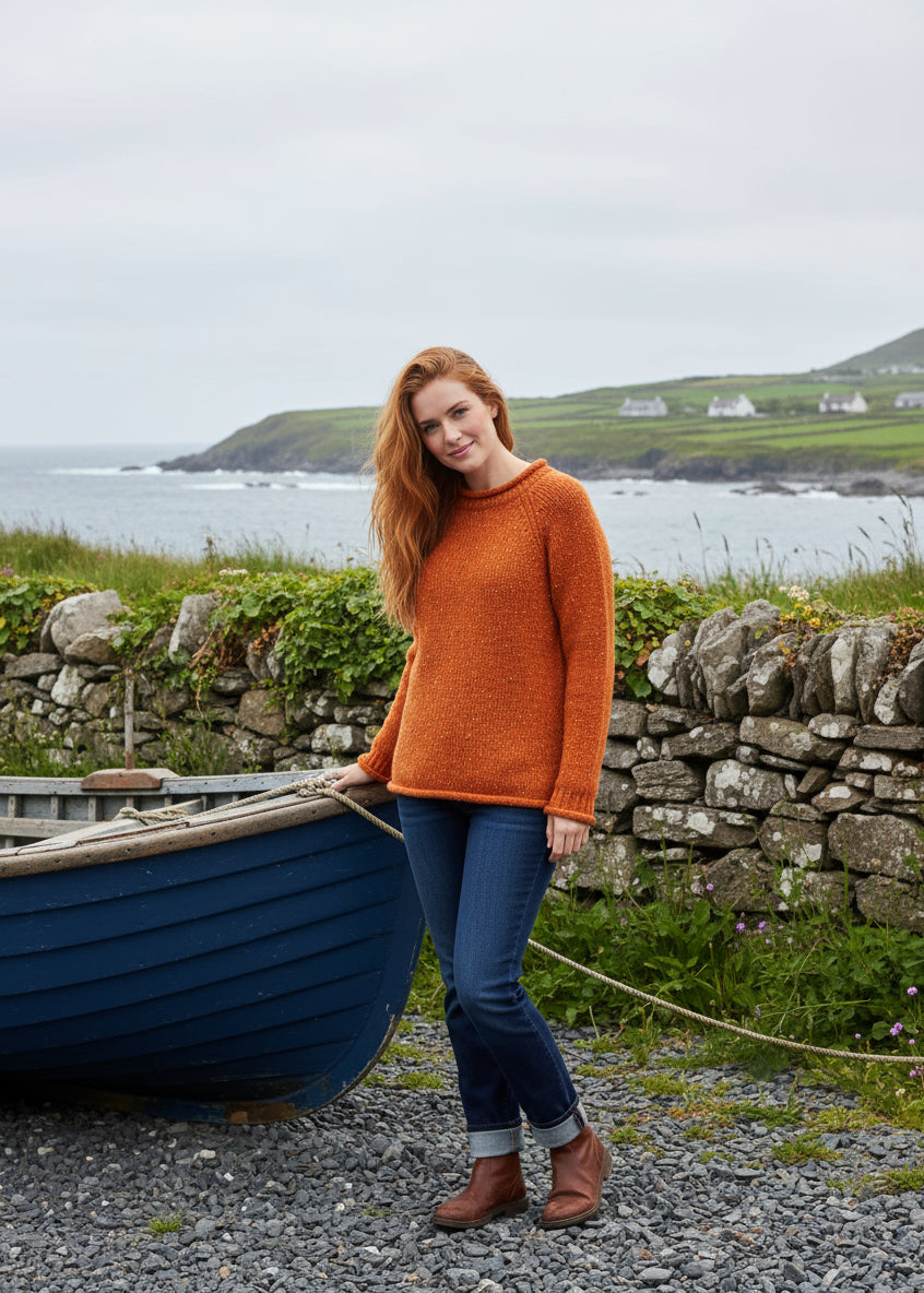 Ladies Donegal Roll Neck Sweater | Orange