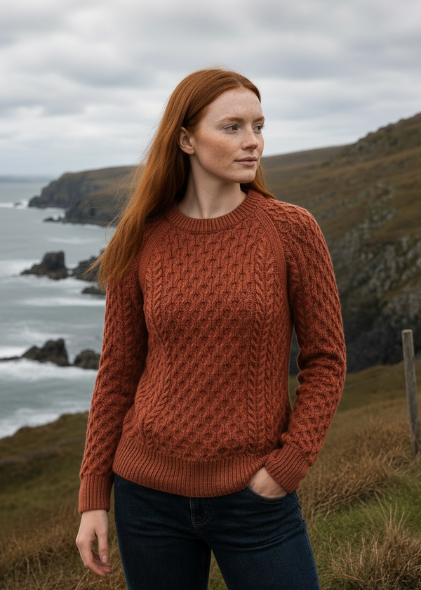 Ladies Slim-Fit Aran Sweater in Terracotta | 100% Merino Wool