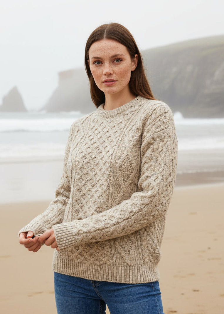 Unisex Aran Wool Sweater | Flecked Oatmeal