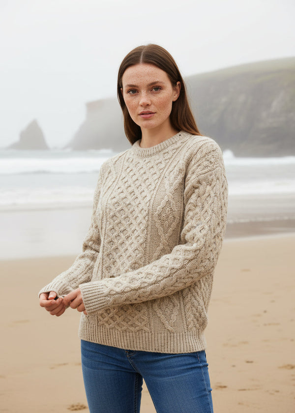 Unisex Aran Wool Sweater | Flecked Oatmeal
