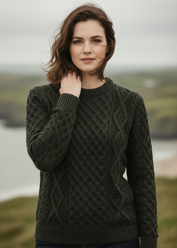 Unisex Aran Worsted Wool Sweater - Traditional Irish Cable Knit | Army Green