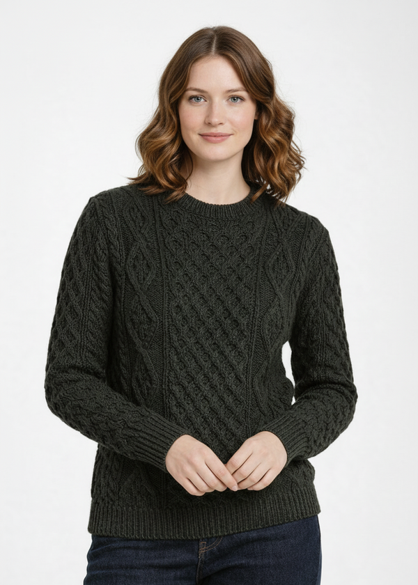 Unisex Aran Worsted Wool Sweater - Traditional Irish Cable Knit | Army Green