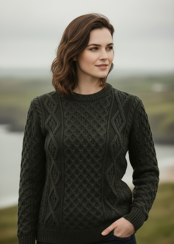 Unisex Aran Worsted Wool Sweater - Traditional Irish Cable Knit | Army Green