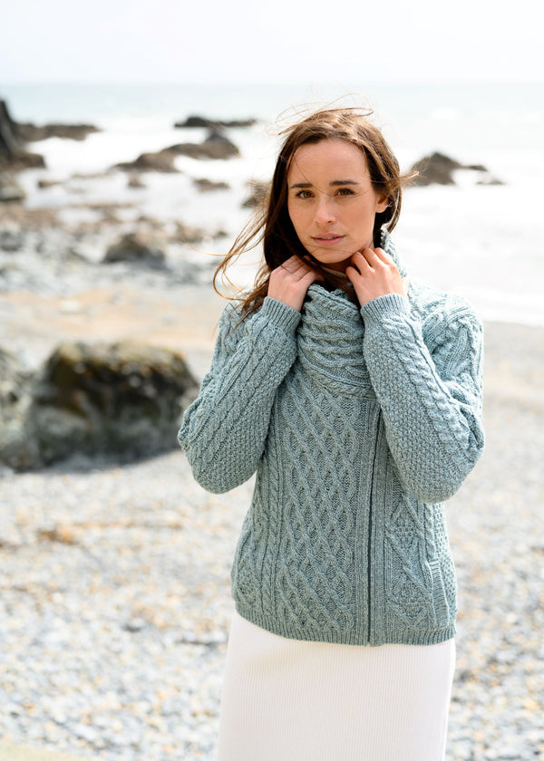 Aran Bikers Claddagh Side Zip Cardigan | Aqua