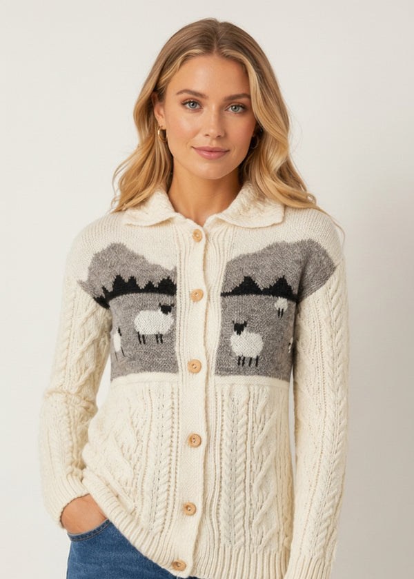 Ladies Aran Sheep Cardigan | 100% Wool | Natural
