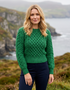 Ladies Merino Cropped Classic Aran Sweater | Green