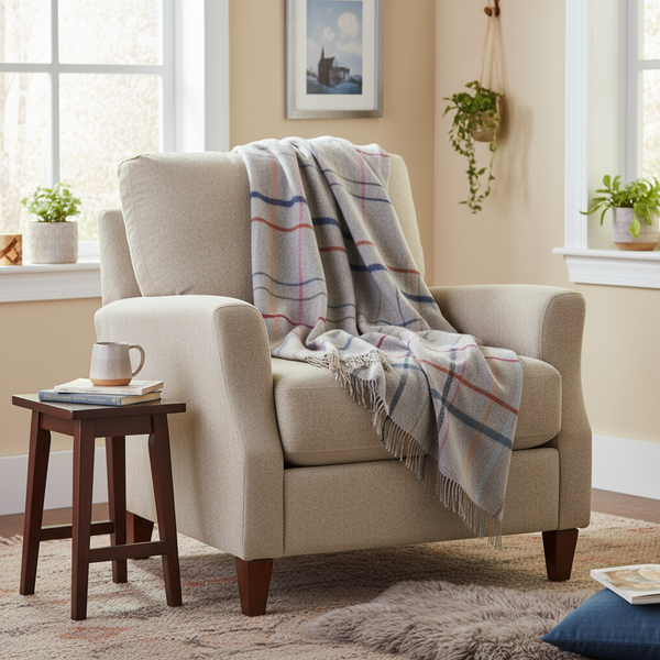 Merino Lambswool Blanket Grey with Multi Colour Window Pane