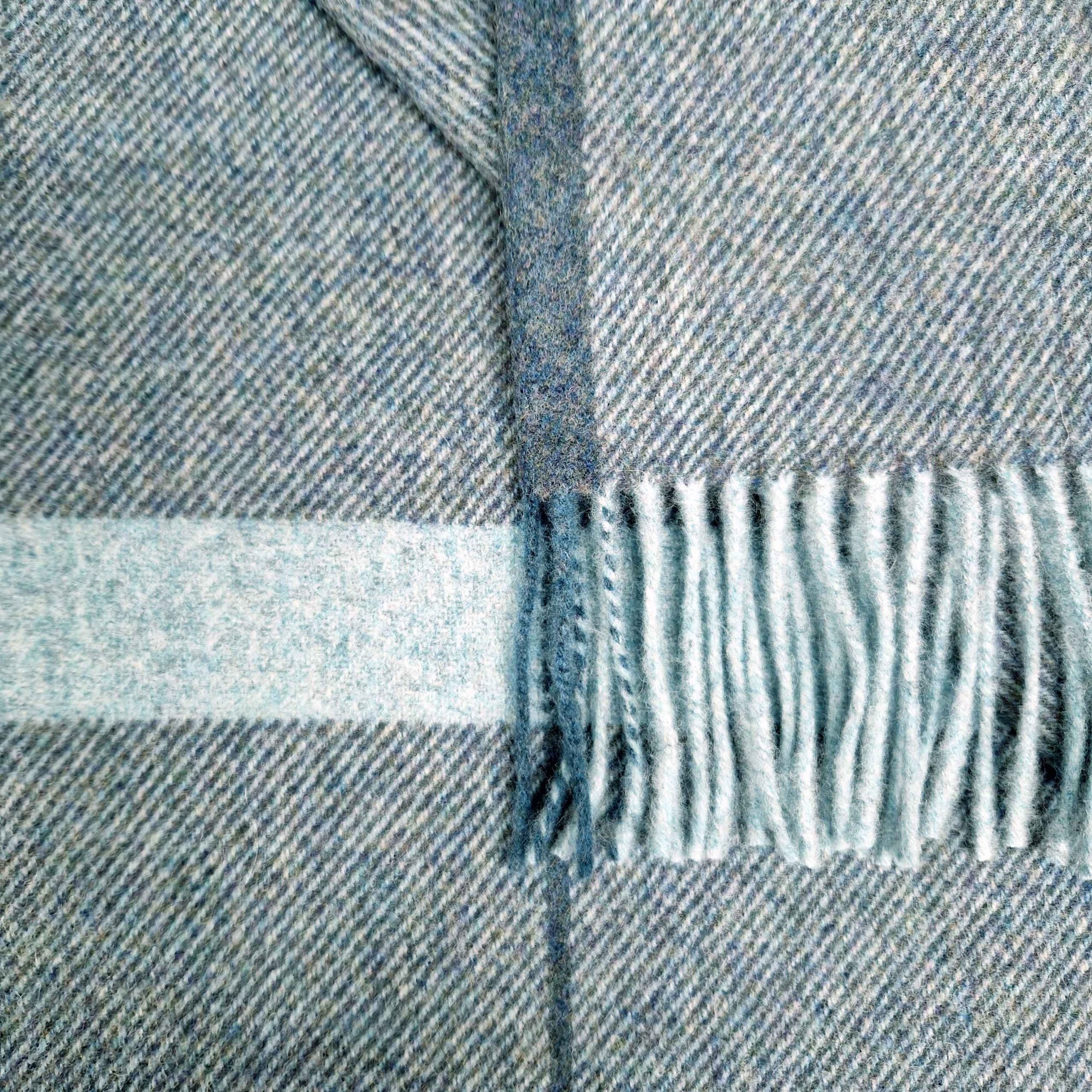 Close-up of a blue and gray plaid fabric with fringed edge