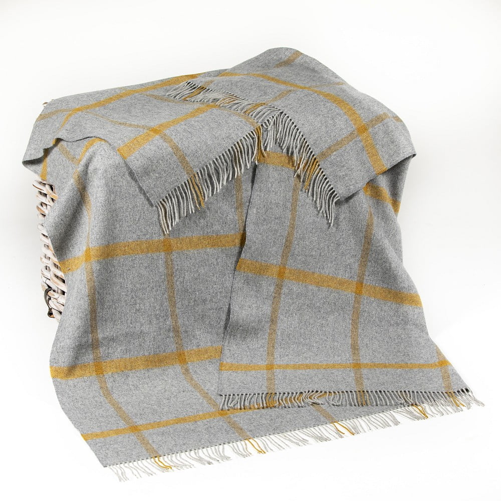 Merino Lambswool Blanket Grey Mustard Check