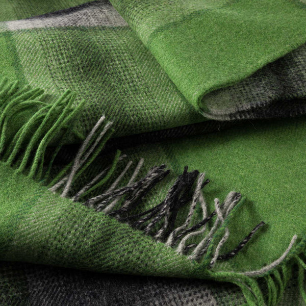 John Hanly Merino Lambswool Blanket | Green Grey Check