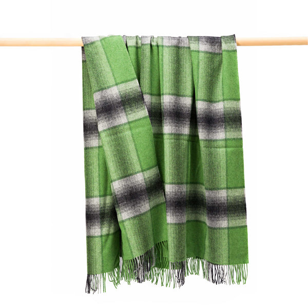 John Hanly Merino Lambswool Blanket | Green Grey Check
