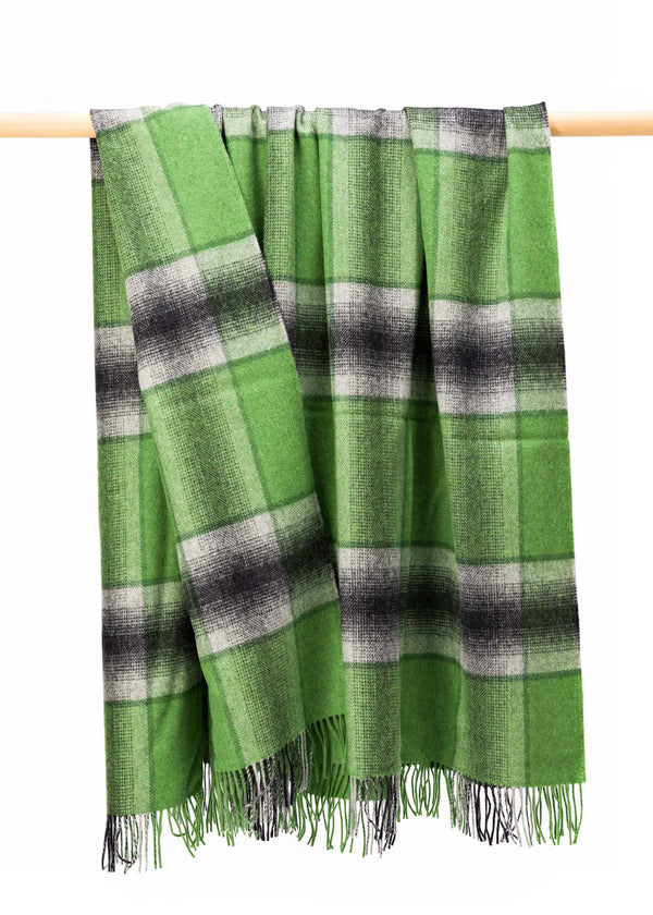 John Hanly Merino Lambswool Blanket | Green Grey Check