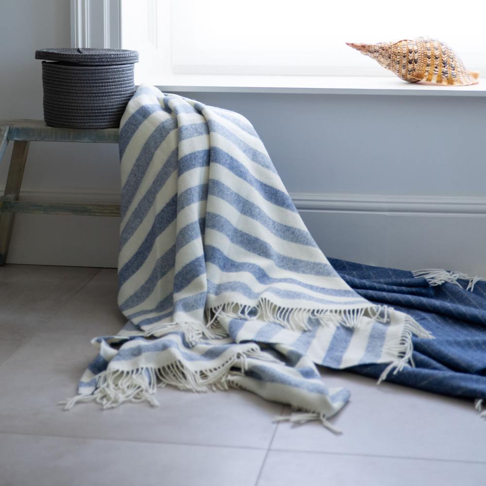 John Hanly Merino Denim & White Stripe Blanket