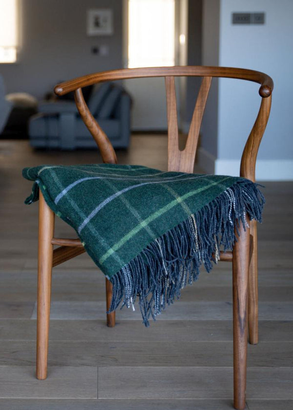 John Hanly Large Lambswool Throw | Green Windowpane