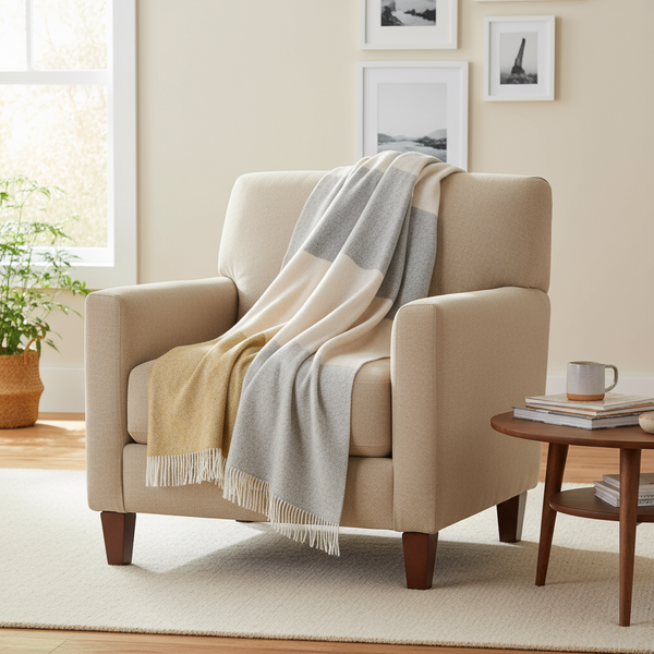 John Hanly Large Lambswool Blanket | Camel Beige Stripe