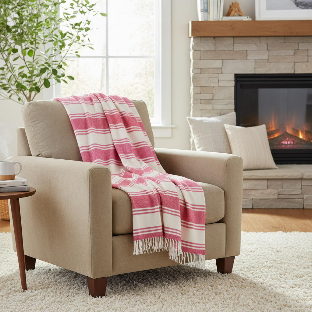John Hanly Large Lambswool Blanket | Pink Orange White Stripe